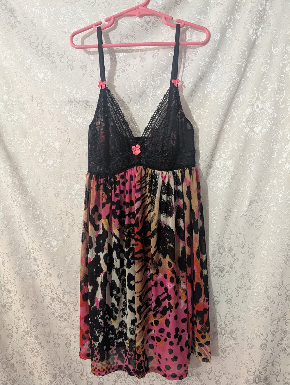 Vintage Y2K Betsey Johnson Neon Pink Leopard Print Babydoll Nightgown
